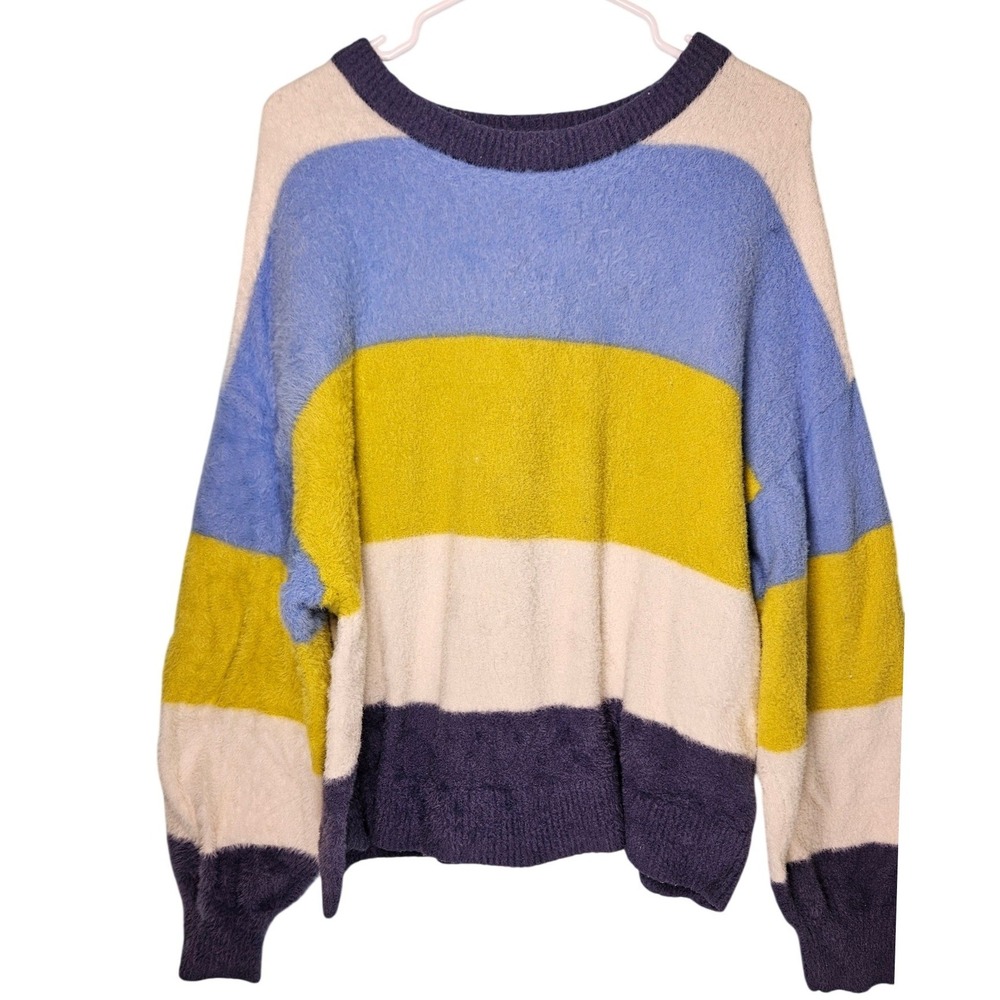 Aerie Fluffy Crew Sweater‎ Blue Yellow Striped Oversized Medium Cozy Preppy Soft